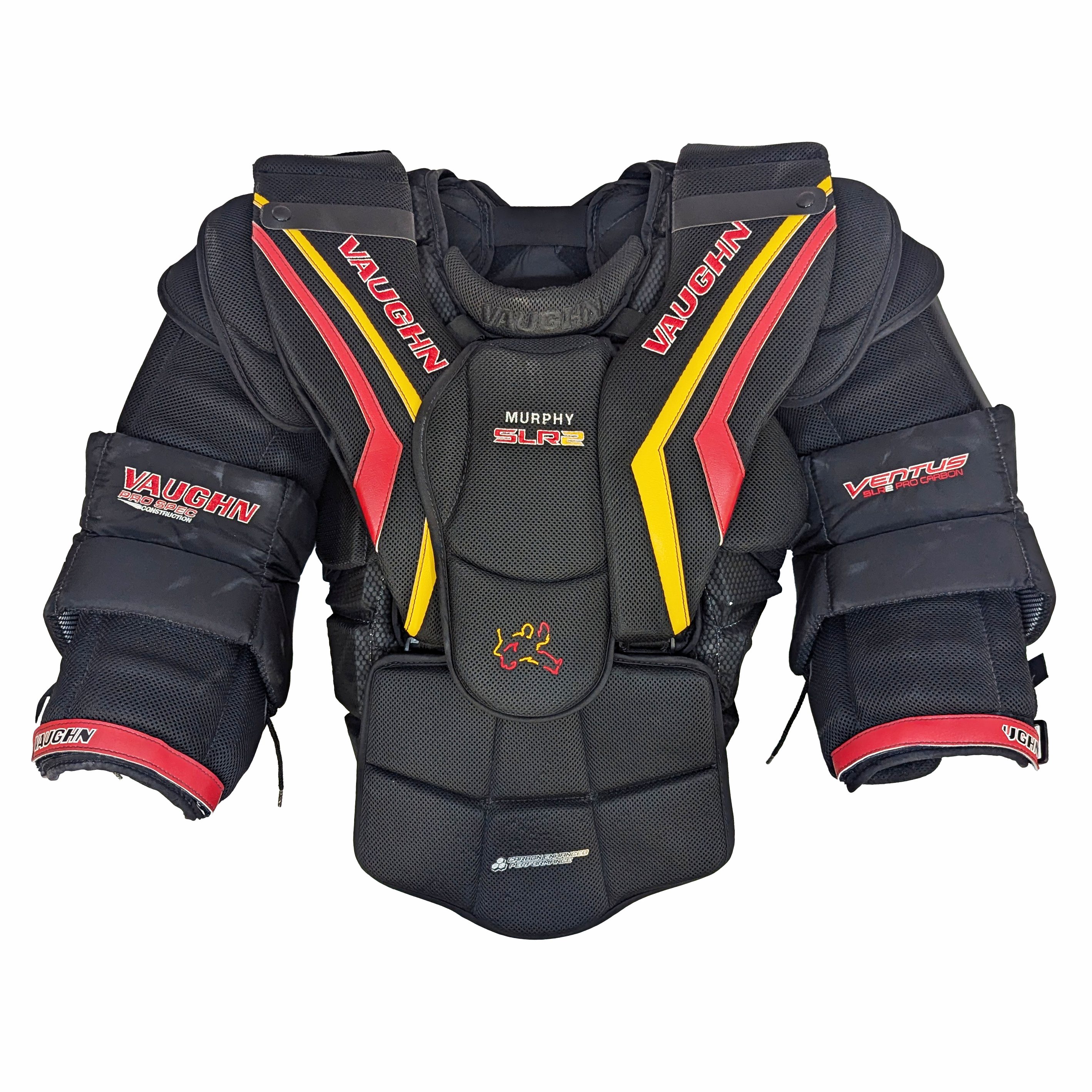 Vaughn Ventus SLR2 Pro Carbon – Plastron de gardien de but Pro Stock d'occasion (noir/rouge/jaune)